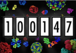 Protein Data Bank (PDB) counter showing 100,147 total number of entries.
