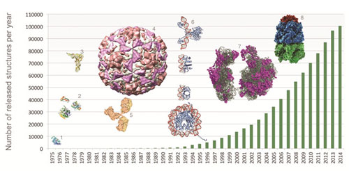 Number of structures available in the PDB per year, with selected examples. For details, see http://www.eurekalert.org/multimedia/pub/73206.php?from=267554.