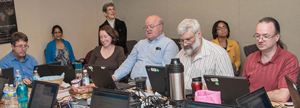 Joe Gindhart, Sirisha Kumpatla, Judith Greenberg, Jen Villani, Ward Smith, John Laffan, Shari Tutt and Brian Pike (pictured left to right) were among many NIGMS staff members who participated in Cell Day. Courtesy of Peter Rice.