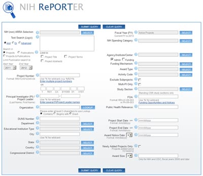 NIH RePORTER main query form