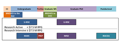 The figure shows the trainee pathway, including community college (CC) students, undergraduates, postbaccalaureates (Postbac), graduate master’s trainees (Graduate MS), doctoral trainees (Graduate PhD), and postdoctoral trainees. The NIGMS diversity-focused programs are color-coded to match the trainee stage supported.