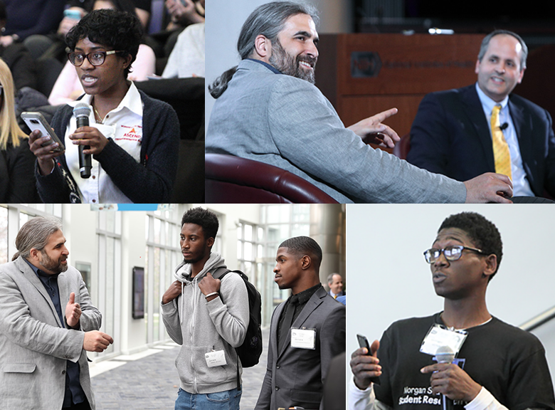 Following the lecture, Jeramiah Smith answered questions from NIGMS Director Jon Lorsch (top right) and students from Morgan State University.