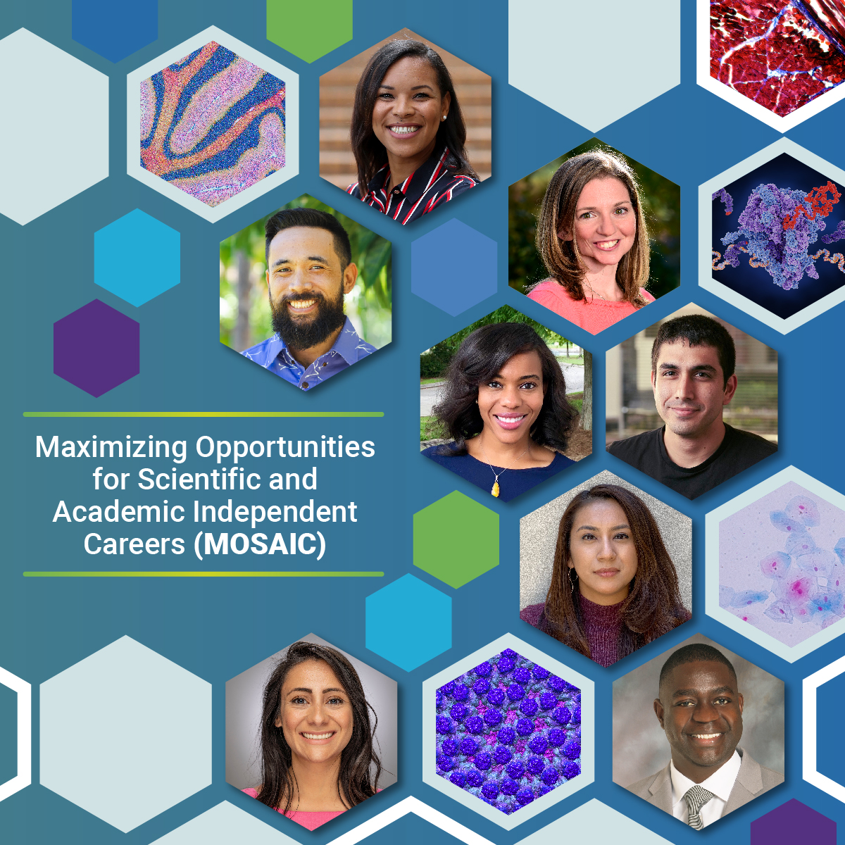 Collage of scientific images and a diverse group of MOSAIC scholars.